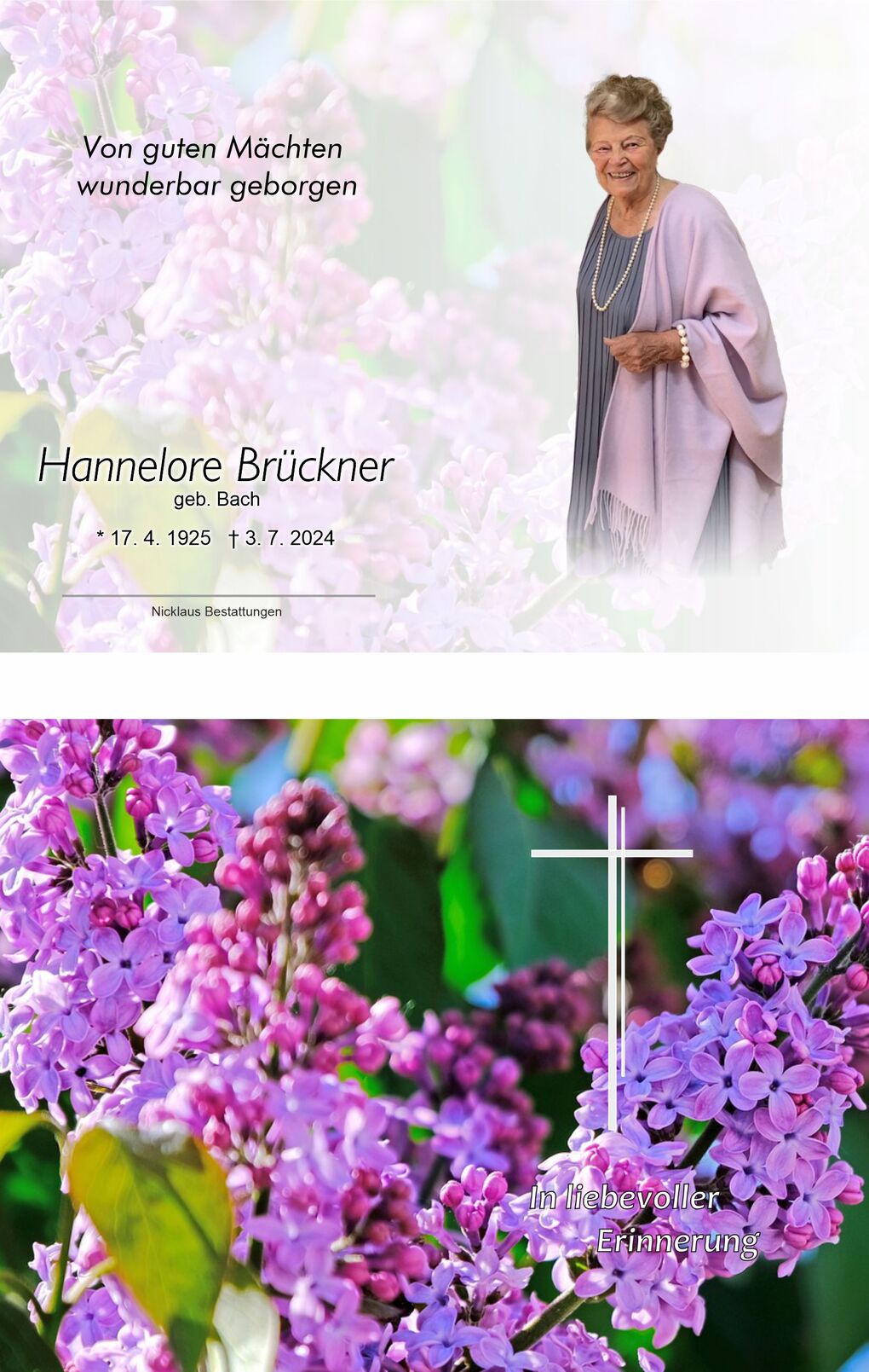 Trauerkarte mit Portr&auml;t von Hannelore Br&uuml;ckner vor lila Fliederbl&uuml;ten, darunter ein schlichtes Kreuz und der Text "In liebevoller Erinnerung".