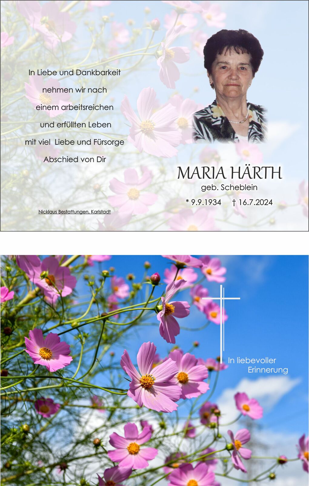 Gedenkblatt f&uuml;r Maria H&auml;rth mit Blumendekor und pers&ouml;nlichen Daten in sanften Farben.