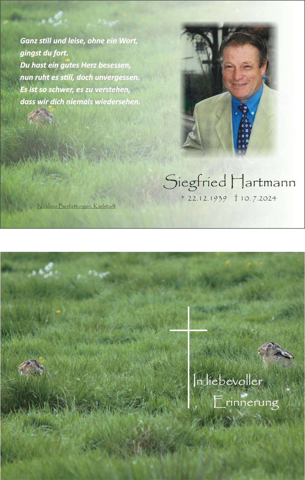 Gedenkbild mit Foto von Siegfried Hartmann und einem Hasen auf einer gr&uuml;nen Wiese, umrahmt von einf&uuml;hlsamem Text.