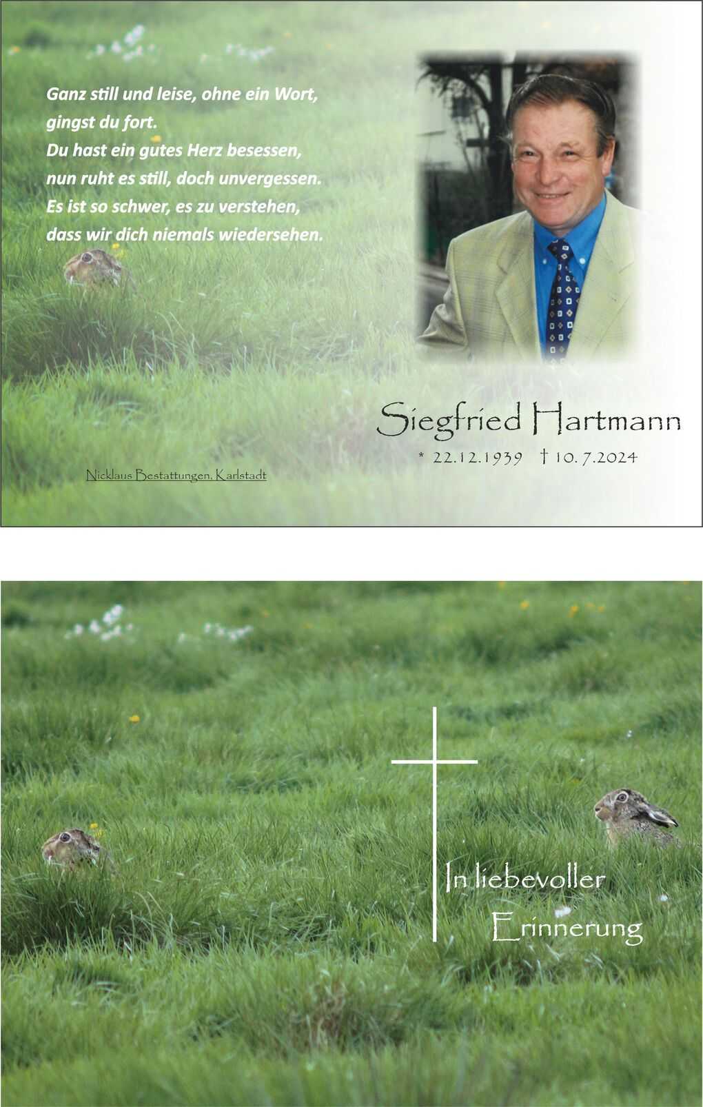 Gedenkbild mit Foto von Siegfried Hartmann und einem Hasen auf einer gr&uuml;nen Wiese, umrahmt von einf&uuml;hlsamem Text.