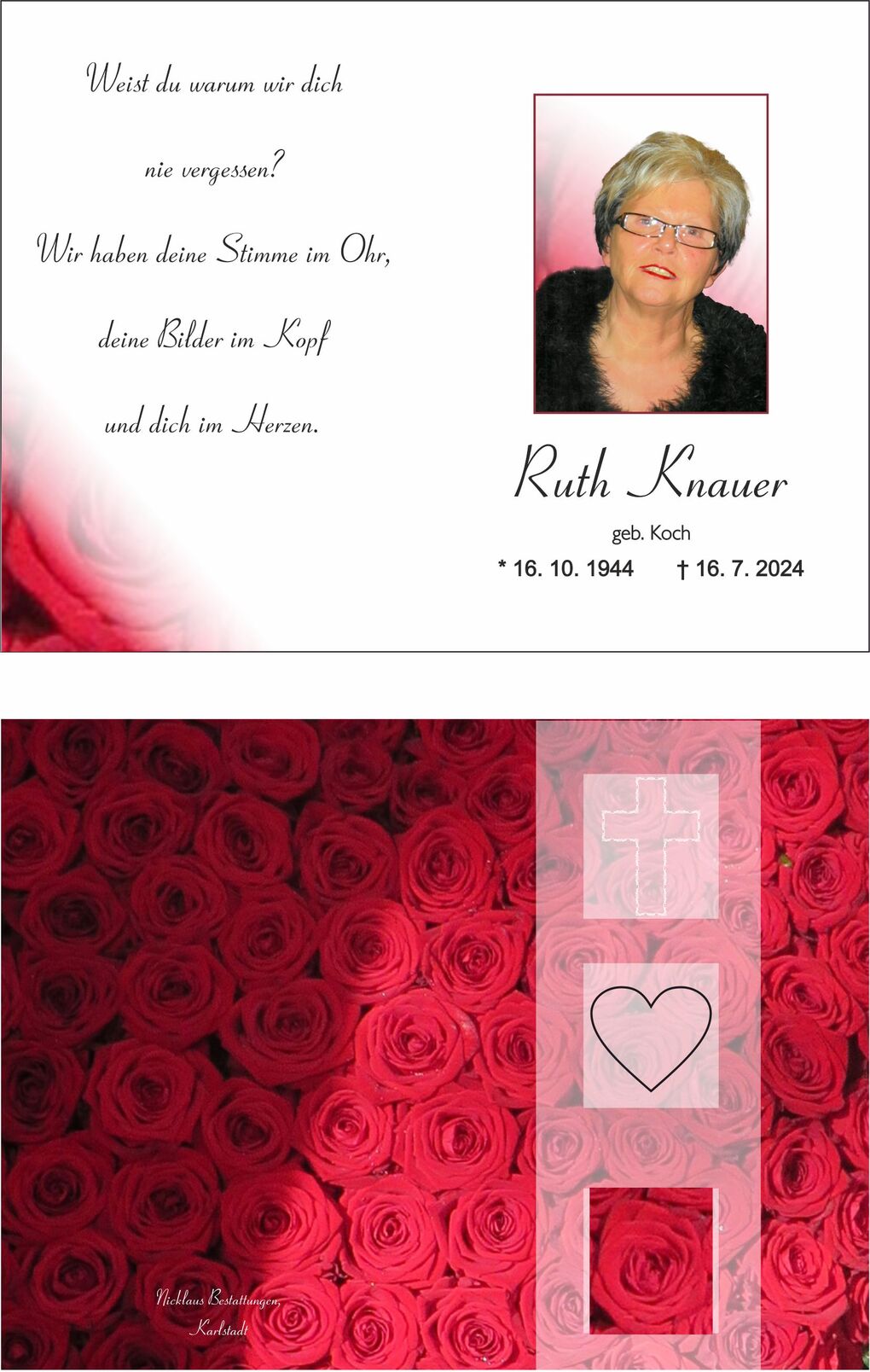 Trauerkarte mit Bild einer Frau, Text zur Erinnerung und Dekor aus roten Rosen und symbolischen Grafiken.