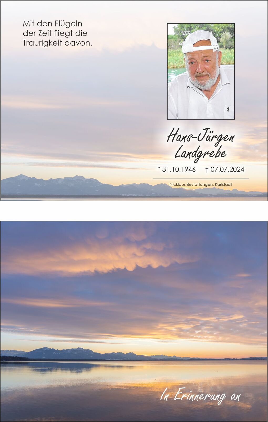 Gedenkbild mit einem Foto von Hans-J&uuml;rgen Landgrebe und einem sanften Sonnenuntergang &uuml;ber einem ruhigen See.