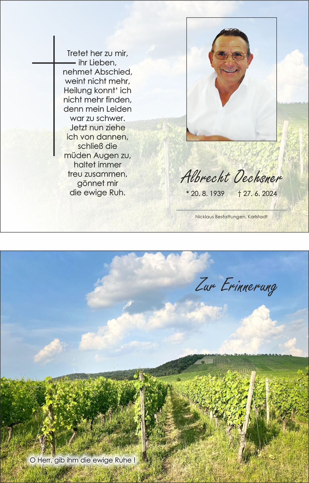Trauerkarte mit Gedicht von Albrecht Oechsner, Bild einer Weinlandschaft und Text "O Herr, gib ihm die ewige Ruhe!"