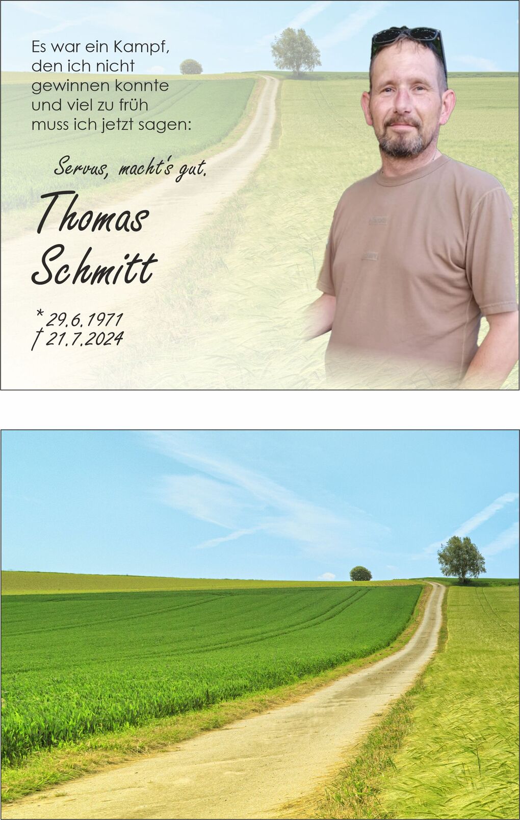 Portrait eines Mannes in einem braunen Shirt neben einem gr&uuml;nen Feldweg, mit einem Zitat und Lebensdaten im Hintergrund.