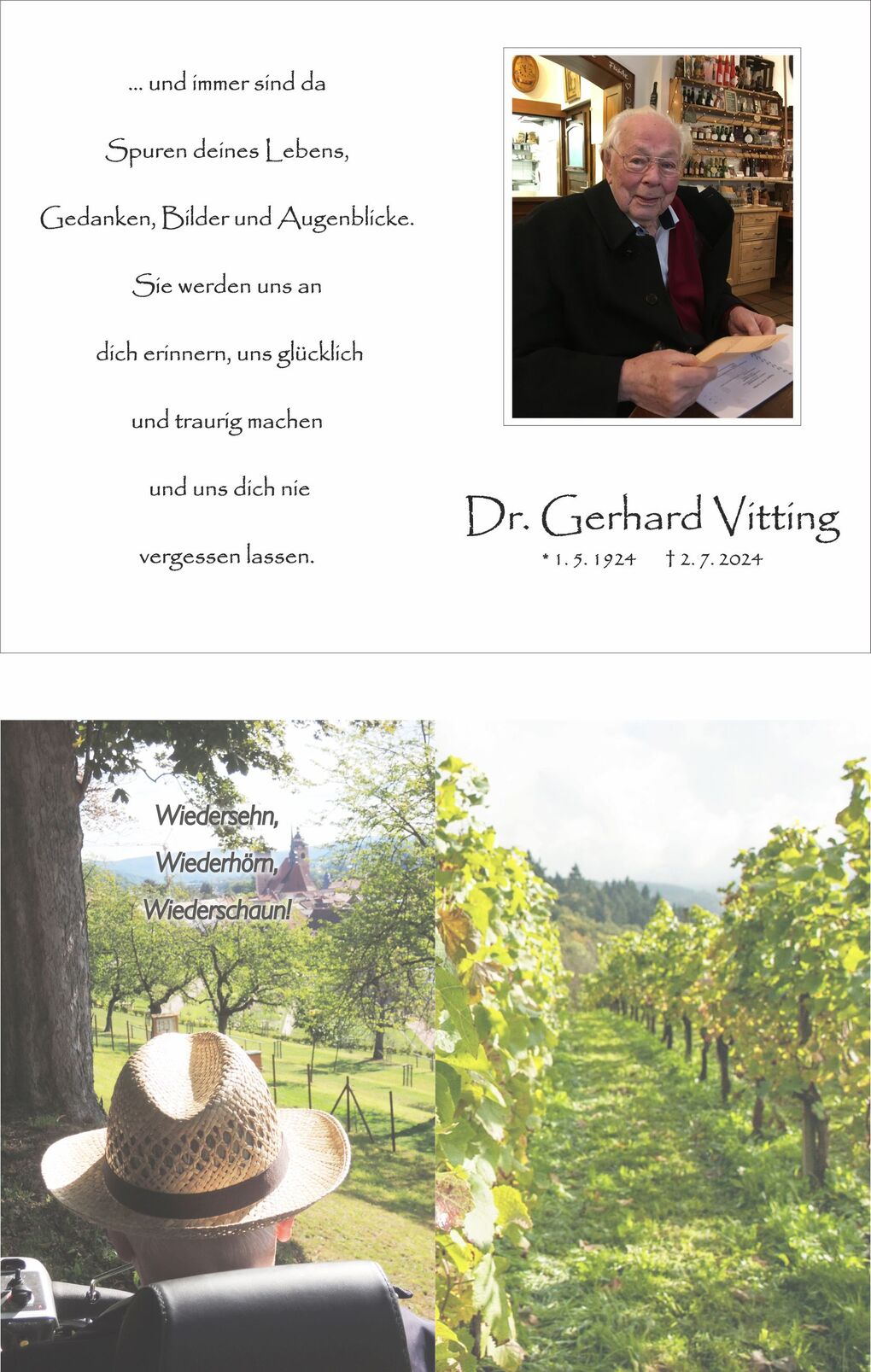 Trauerkarte mit einem Bild von Dr. Gerhard Vitting, umgeben von einem Zitat und einer Weinberglandschaft im Hintergrund.