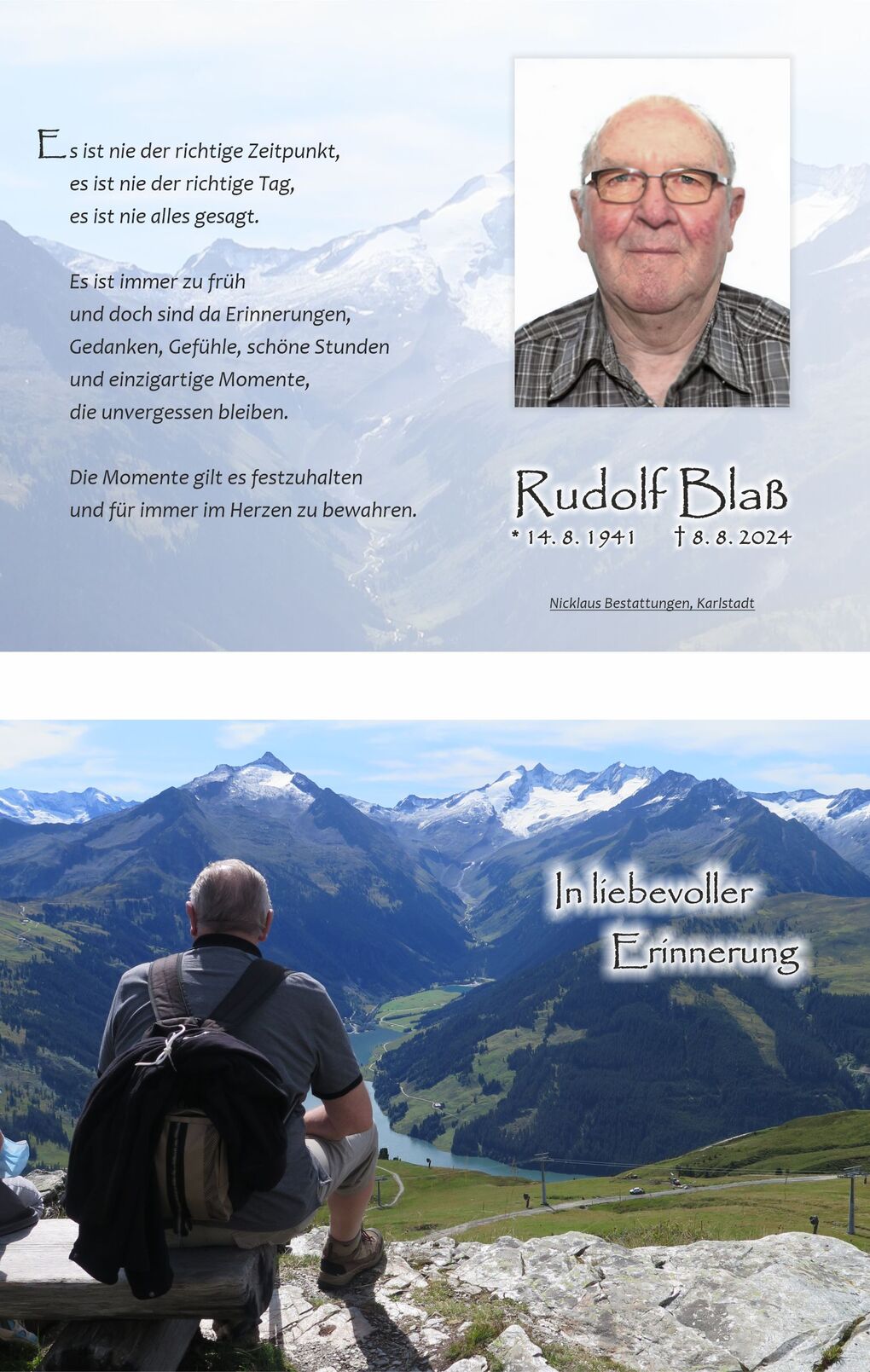 Ein Mann sitzt auf einem Steinhügel und blickt auf eine alpine Berglandschaft mit Fluss und Wiesen.