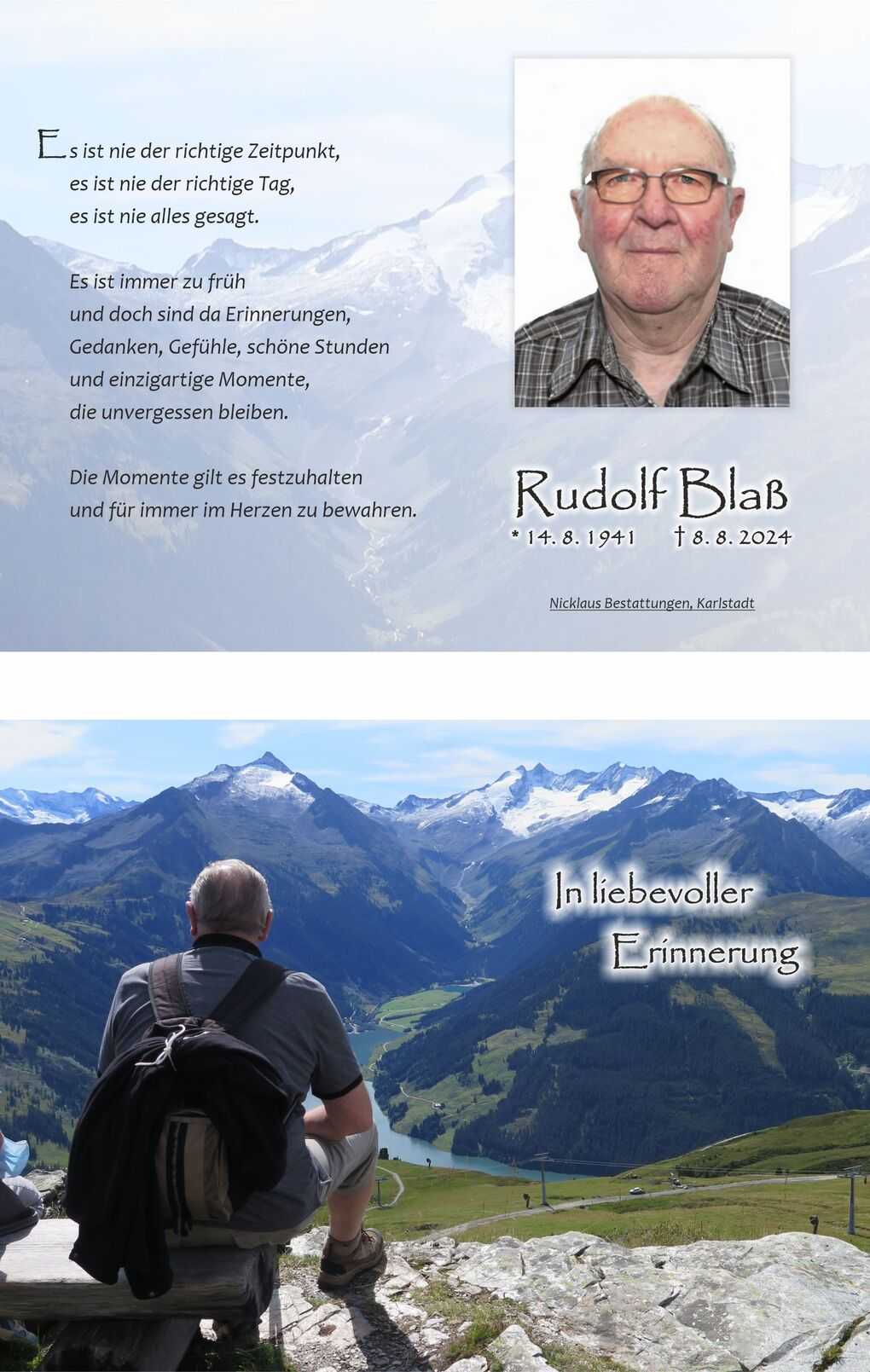 Ein Mann sitzt auf einem Steinh&uuml;gel und blickt auf eine alpine Berglandschaft mit Fluss und Wiesen.