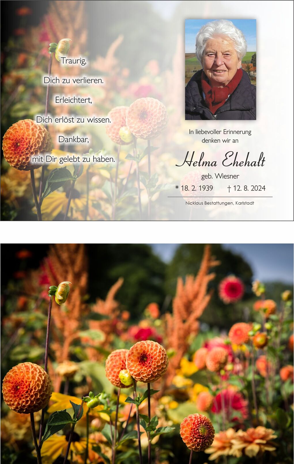 Bl&uuml;hende Dahlien in orange und gelb vor einem verschwommenen Hintergrund aus bunten Blumen.