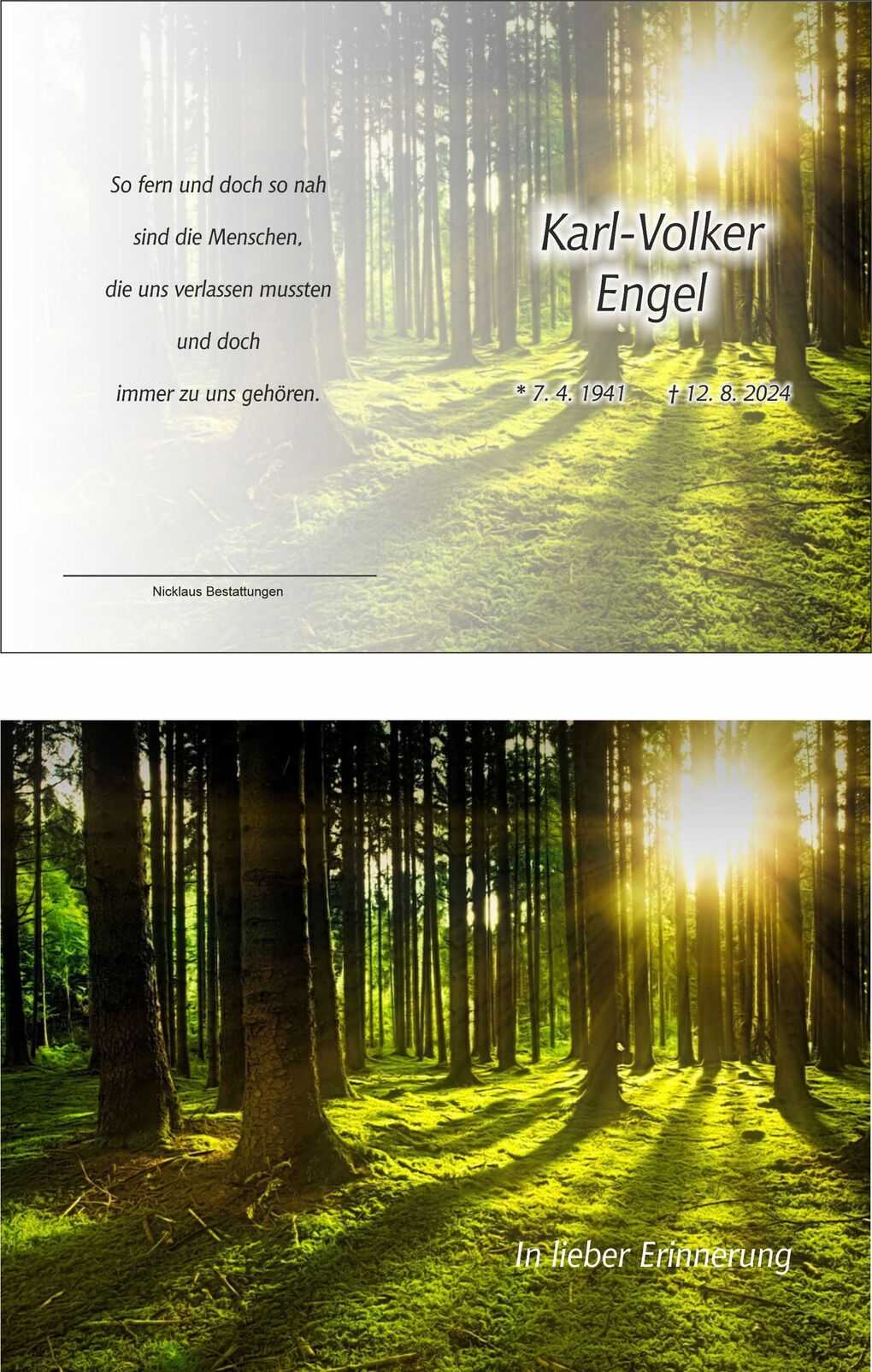 Trauerkarte mit Waldmotiv,Inschrift &bdquo;In lieber Erinnerung&ldquo; und Daten zu Karl-Volker Engel auf hellem Hintergrund.