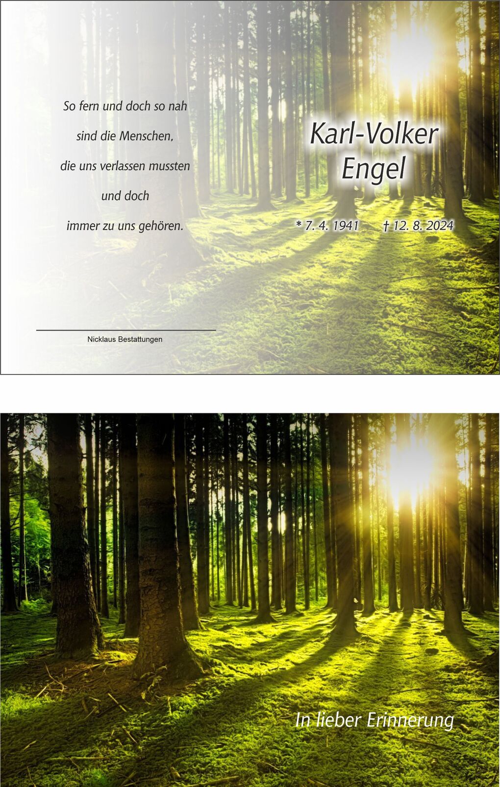 Trauerkarte mit Waldmotiv,Inschrift &bdquo;In lieber Erinnerung&ldquo; und Daten zu Karl-Volker Engel auf hellem Hintergrund.