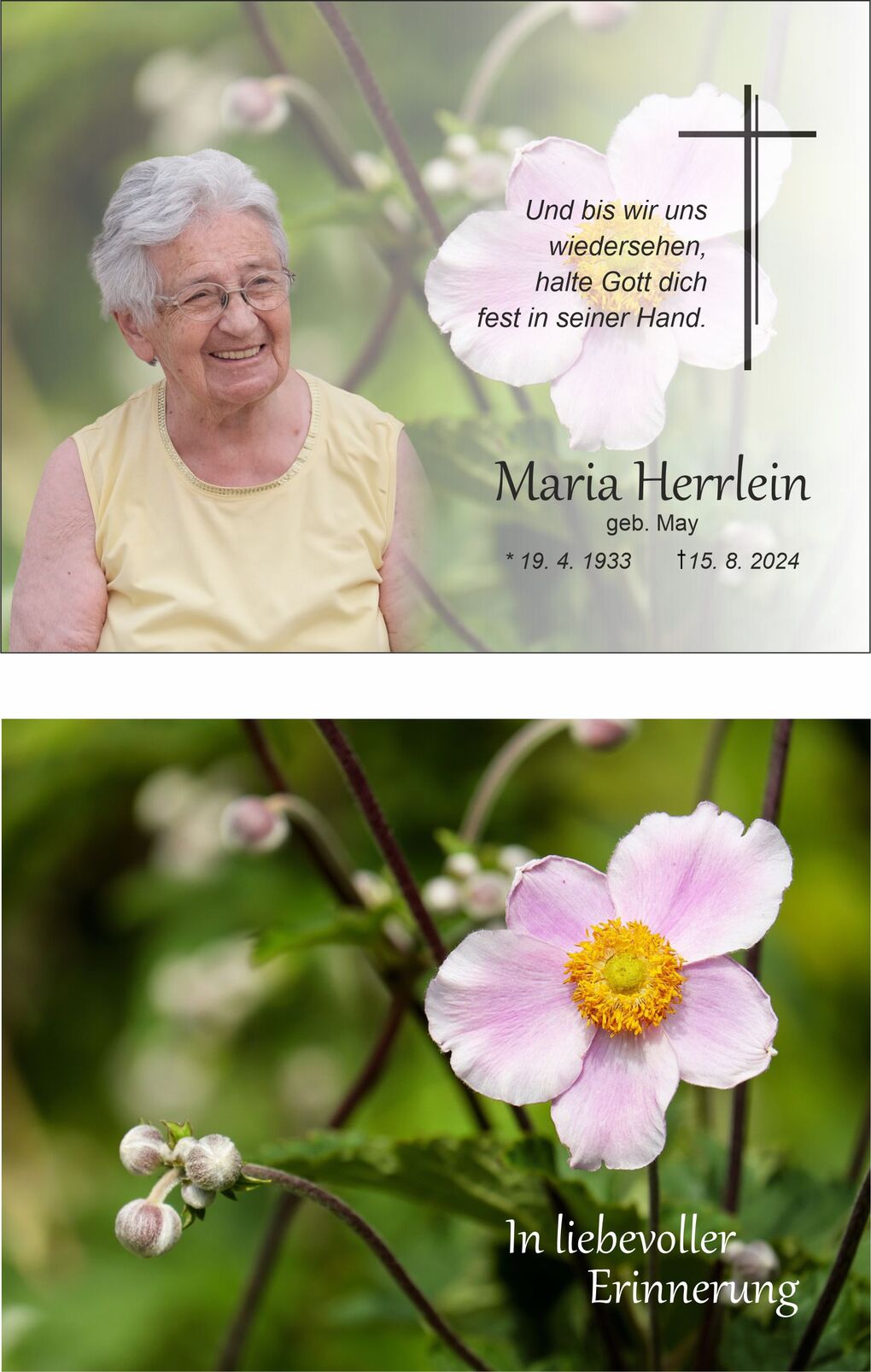 Portr&auml;t einer l&auml;chelnden &auml;lteren Frau in gelbem Shirt, umgeben von Blumen und dem Text zur Erinnerung.