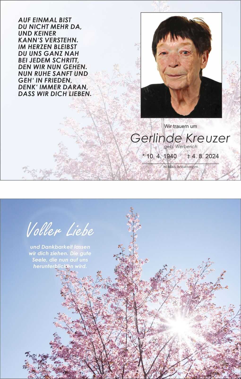 Todesanzeige mit Portr&auml;t von Gerlinde Kreuzer und bl&uuml;henden Kirschb&auml;umen im Hintergrund, darunter Trauerspr&uuml;che.
