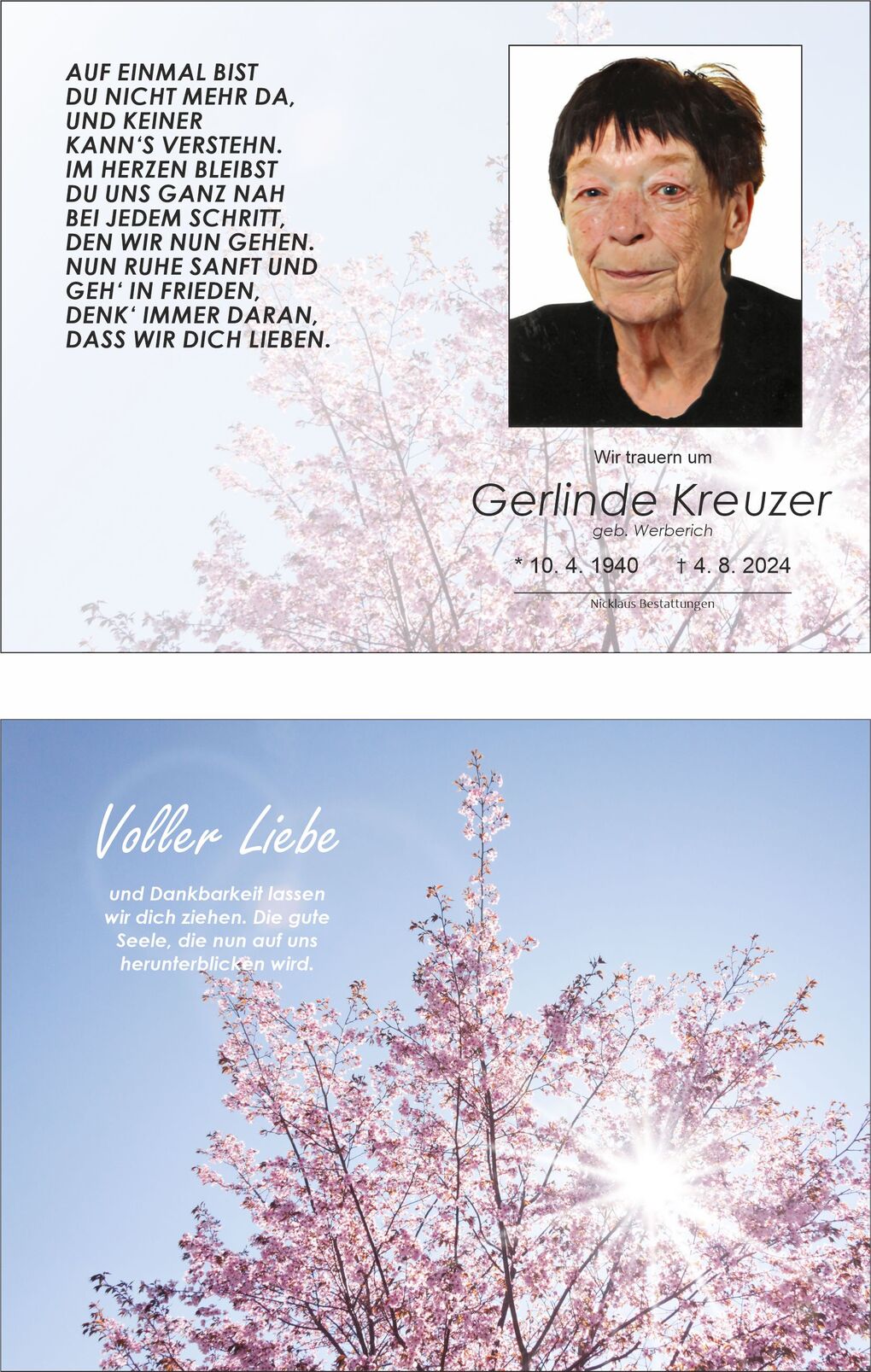 Todesanzeige mit Portr&auml;t von Gerlinde Kreuzer und bl&uuml;henden Kirschb&auml;umen im Hintergrund, darunter Trauerspr&uuml;che.