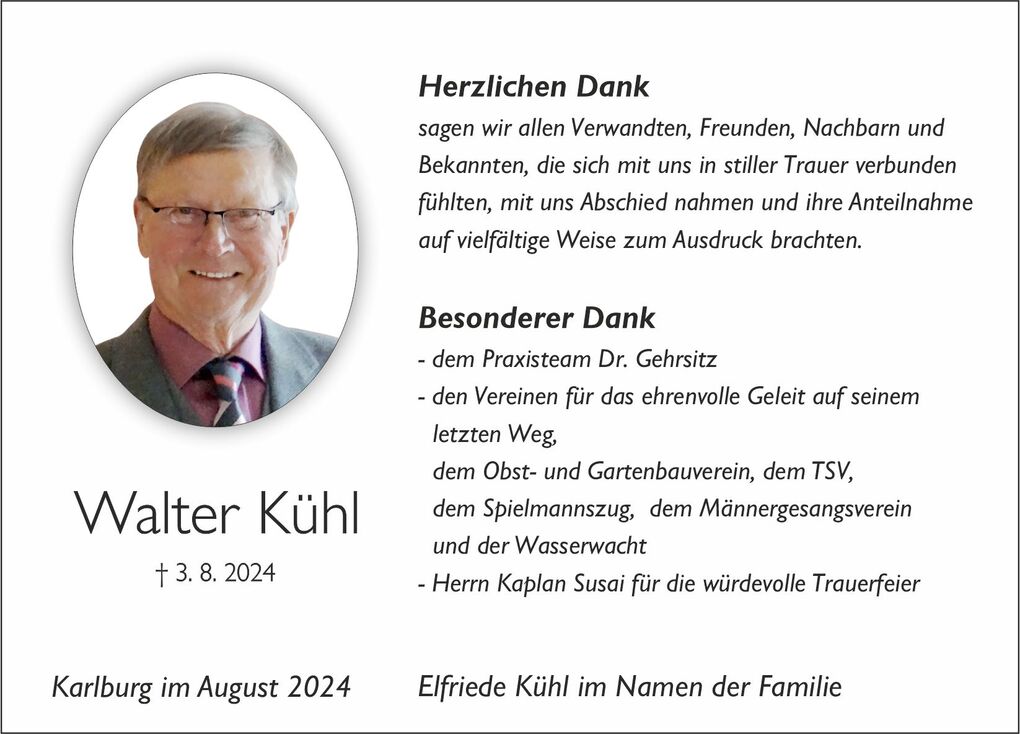Dankeskarte mit Foto von Walter K&uuml;hl, Danordnung tribut&auml;re Texte und Dank an verschiedene Personen und Gruppen.
