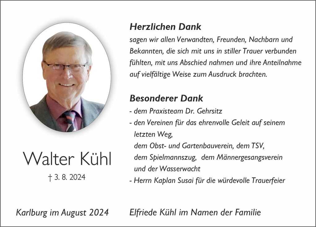 Dankeskarte mit Foto von Walter K&uuml;hl, Danordnung tribut&auml;re Texte und Dank an verschiedene Personen und Gruppen.