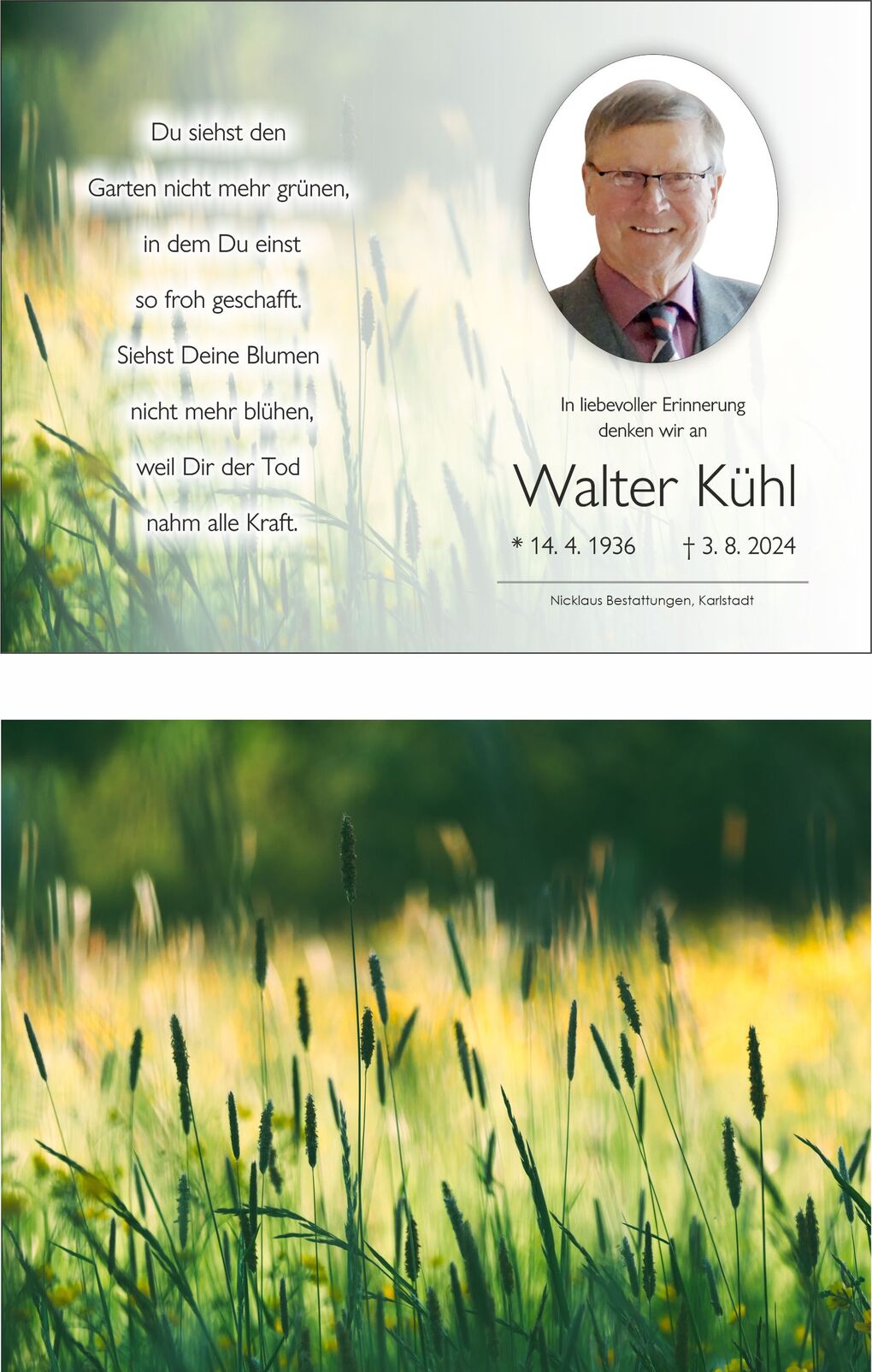 Gedenkseite f&uuml;r Walter K&uuml;hl mit Portr&auml;tfoto und textlicher W&uuml;rdigung, umgeben von einer bl&uuml;henden Wiese.