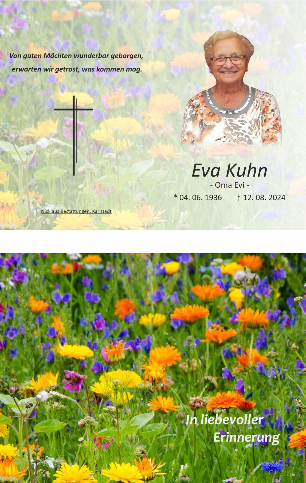 Bild mit bunten Wildblumen und einem Portrait einer &auml;lteren Frau. Darunter ein Kreuz und eine Gedenknotiz.