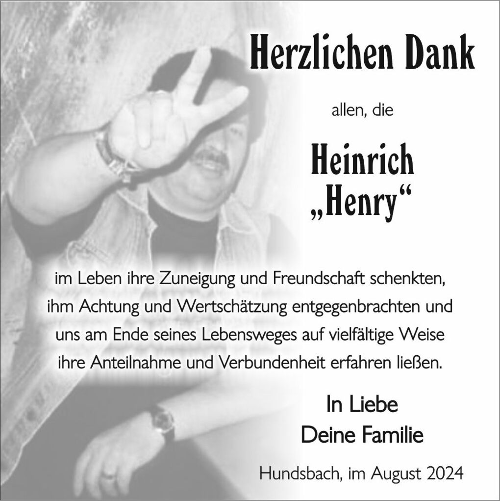 Trauerkarte mit Dankesch&ouml;n f&uuml;r Heinrich "Henry" von der Familie, mit pers&ouml;nlicher Note und Verweis auf seinen Lebensweg.