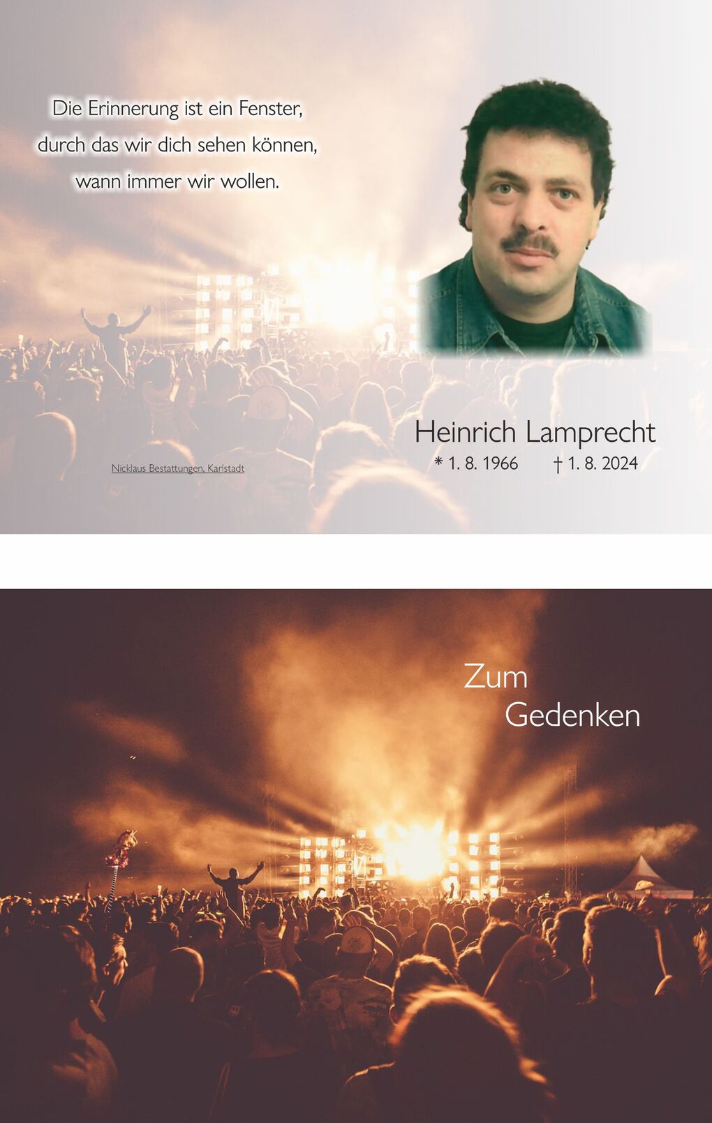 Gedenkblatt f&uuml;r Heinrich Lamprecht mit Text und Foto sowie Konzertpublikum vor einer beleuchteten B&uuml;hne.