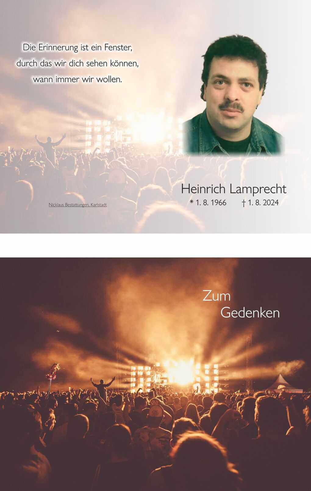 Gedenkblatt f&uuml;r Heinrich Lamprecht mit Text und Foto sowie Konzertpublikum vor einer beleuchteten B&uuml;hne.