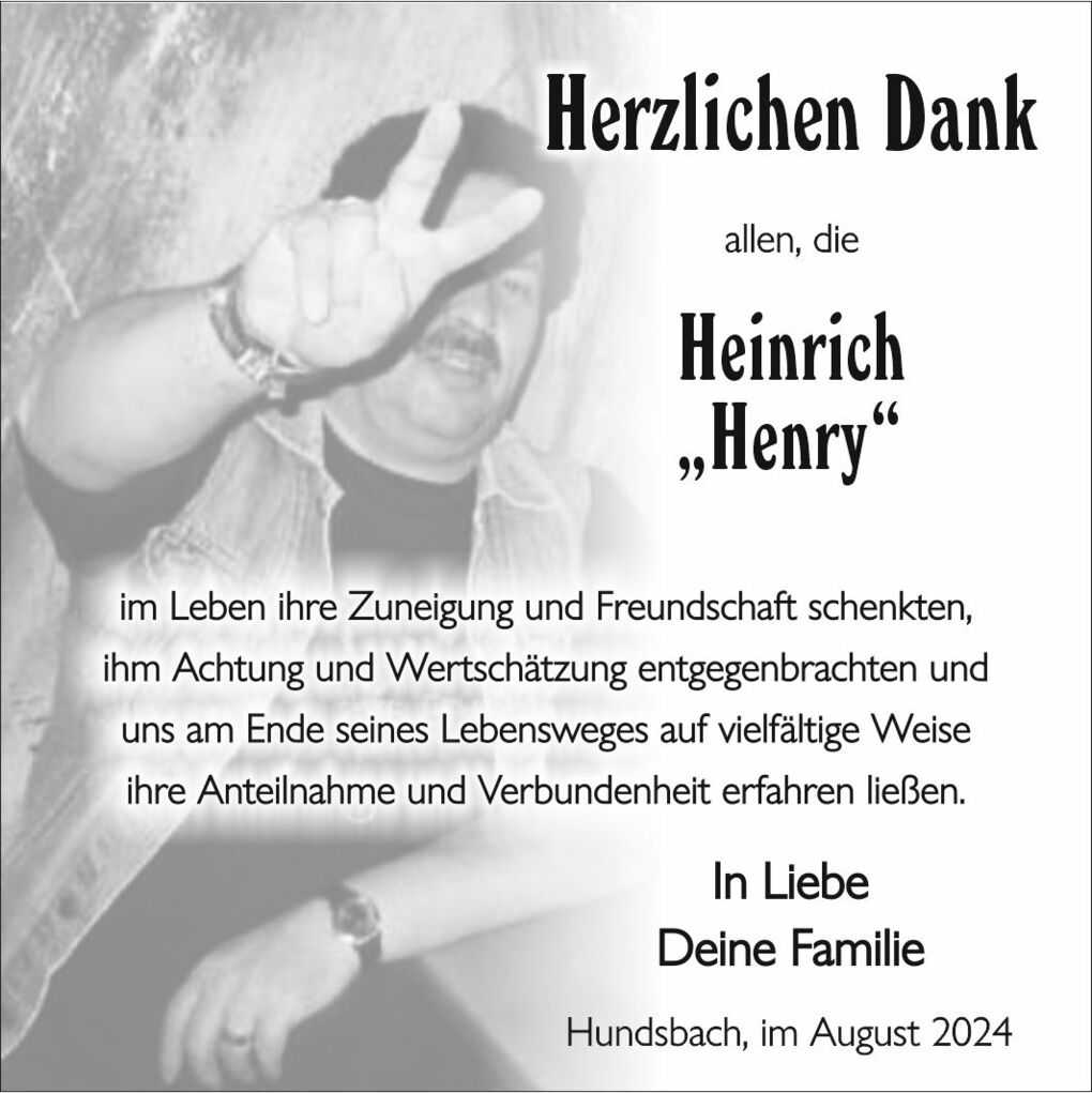 Trauerkarte mit Dankesch&ouml;n f&uuml;r Heinrich "Henry" von der Familie, mit pers&ouml;nlicher Note und Verweis auf seinen Lebensweg.