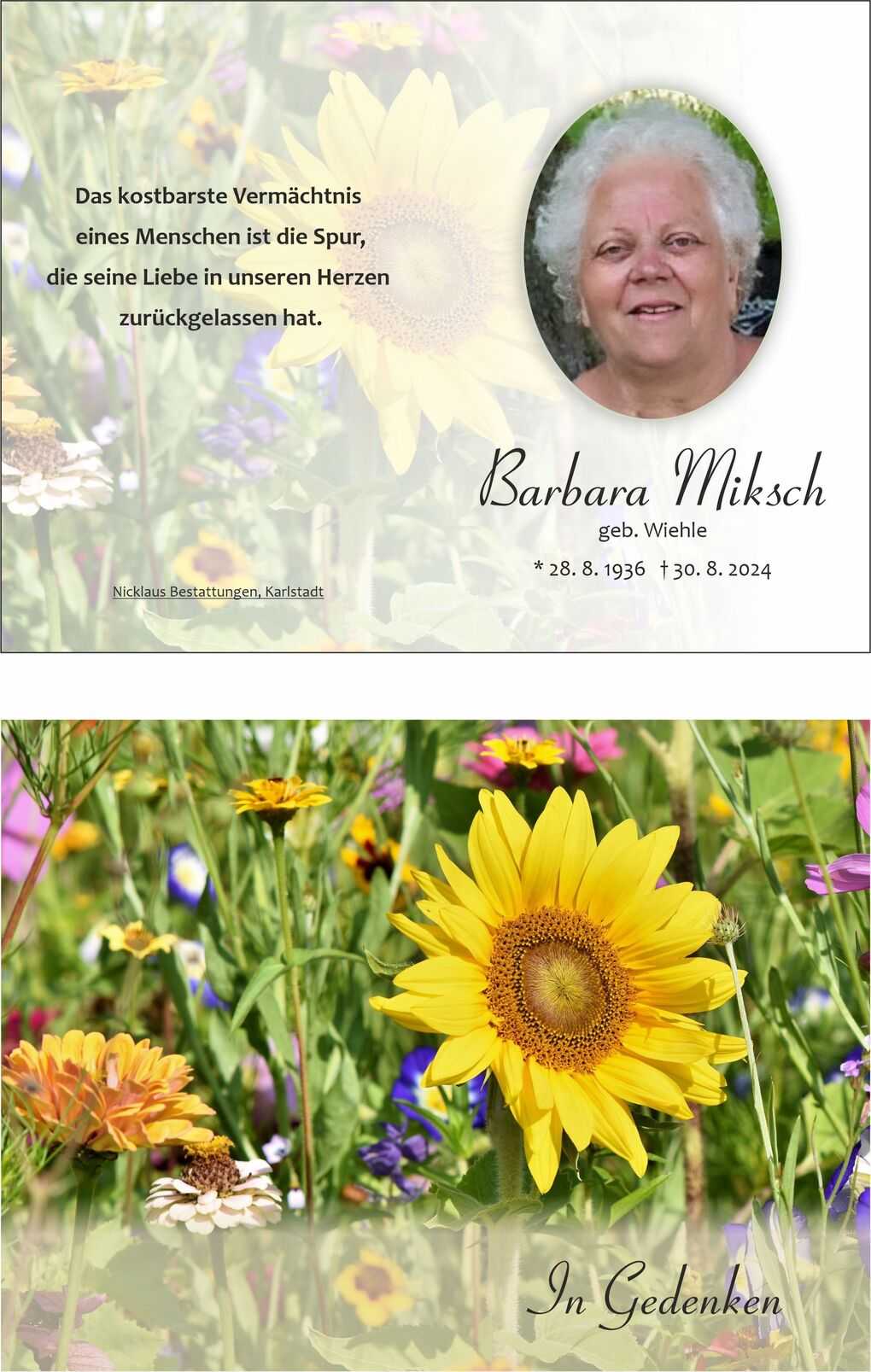 Bild mit einer Sonnenblume und bunten Wildblumen. Oben ein Abschiedstext mit Foto einer Frau und ihrem Namen Barbara Miksch.