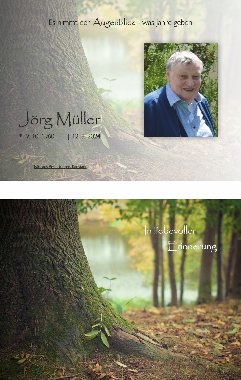 Gedenkbild mit Baumstamm, Foto von Jörg Müller und der Aufschrift „In liebevoller Erinnerung“.
