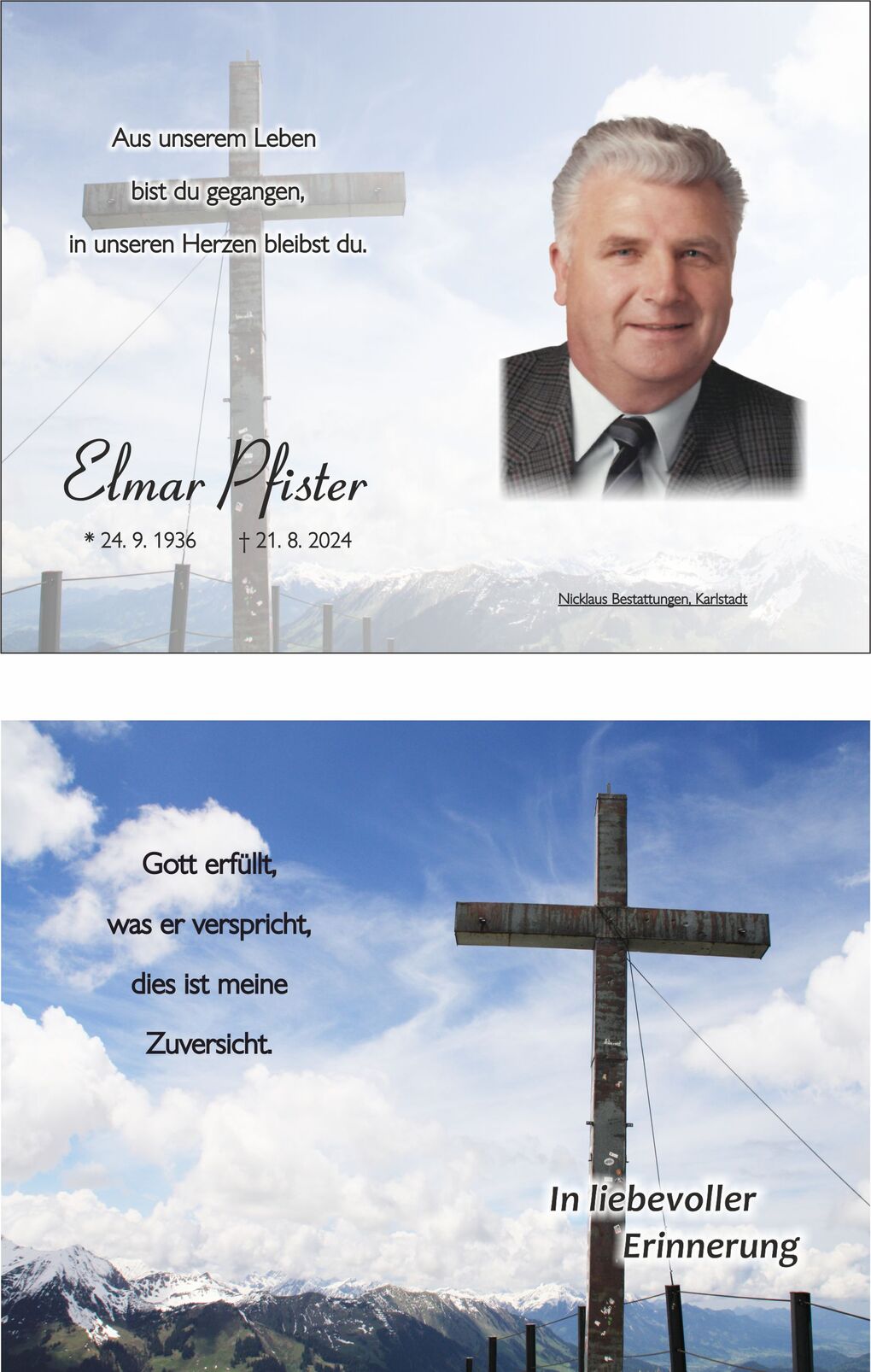 Nachruf mit Bild von Elmar Pfister, Text mit Gedenken und Kreuz vor Berglandschaft im Hintergrund.