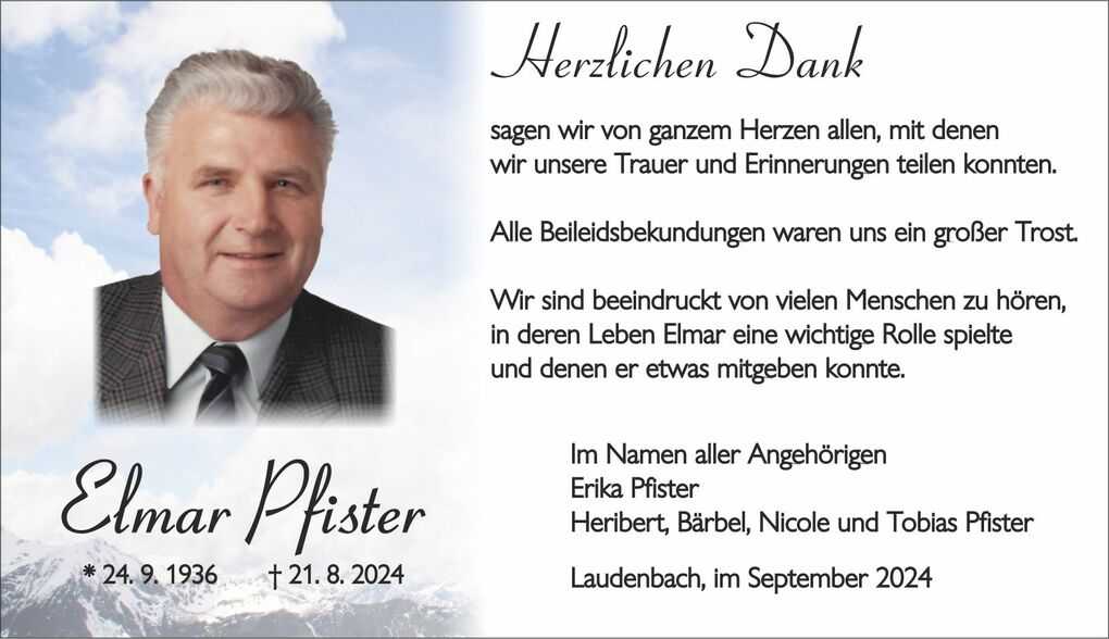 Traueranzeige mit Foto von Elmar Pfister, Geburtsdatum 24.9.1936, Sterbedatum 21.8.2024, in h&ouml;flicher Dankesform.