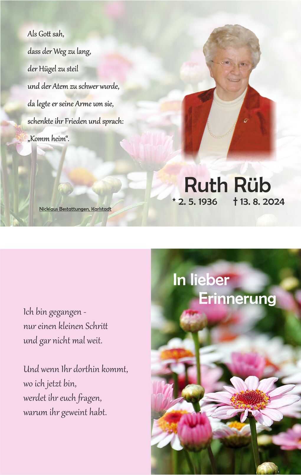 Trauerkarte mit einem Foto einer l&auml;chelnden Frau und Zitat &uuml;ber den Verlust, umgeben von bl&uuml;henden Margeriten im Hintergrund.