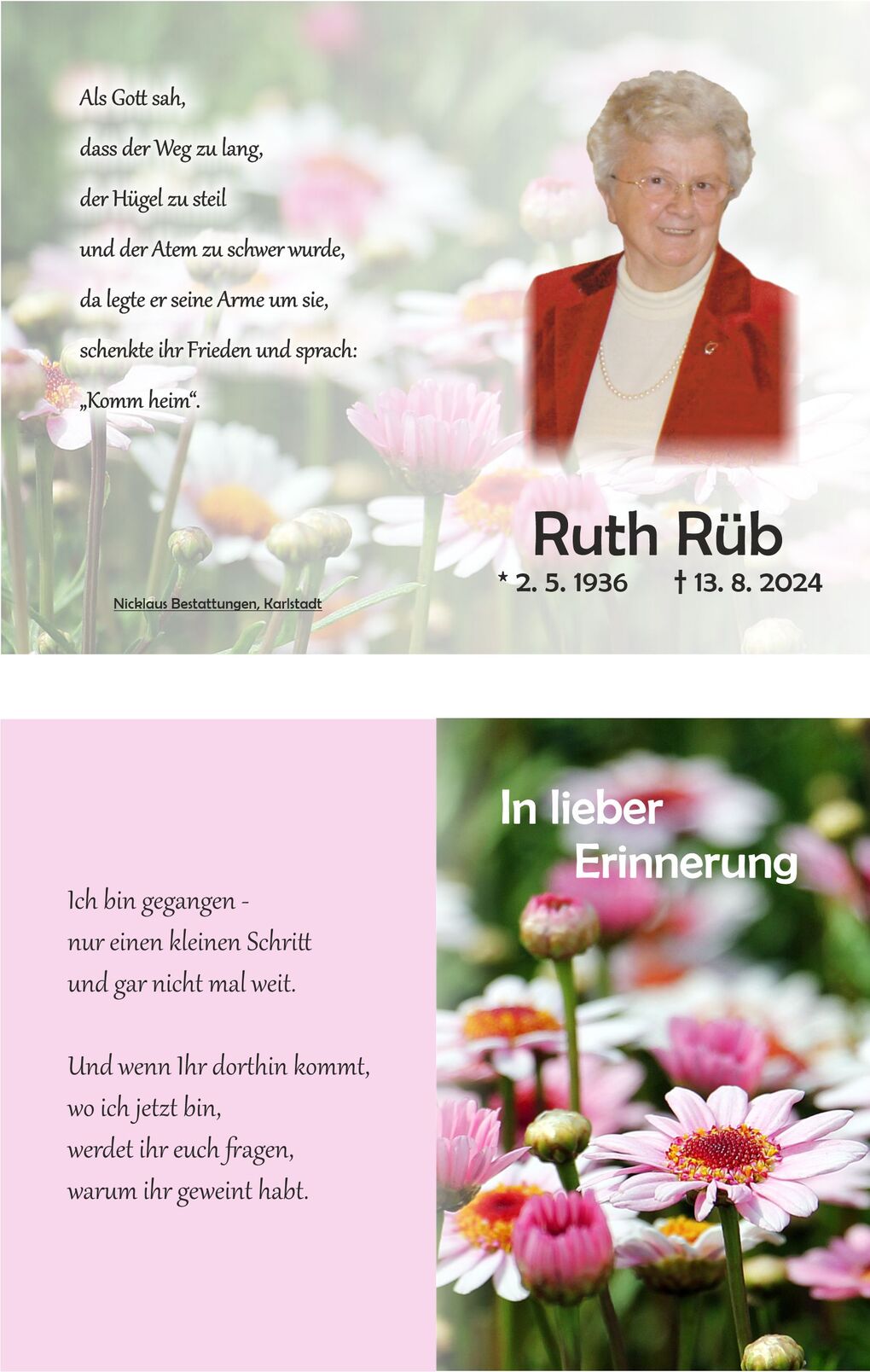 Trauerkarte mit einem Foto einer l&auml;chelnden Frau und Zitat &uuml;ber den Verlust, umgeben von bl&uuml;henden Margeriten im Hintergrund.