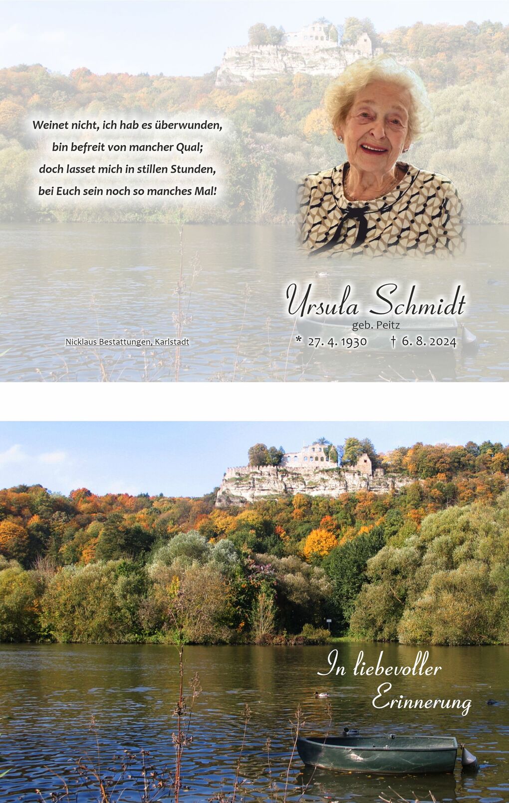 Portr&auml;t einer &auml;lteren Frau mit kurzem, lockigem Haar vor einer malerischen Flusslandschaft und herbstlicher Vegetation.
