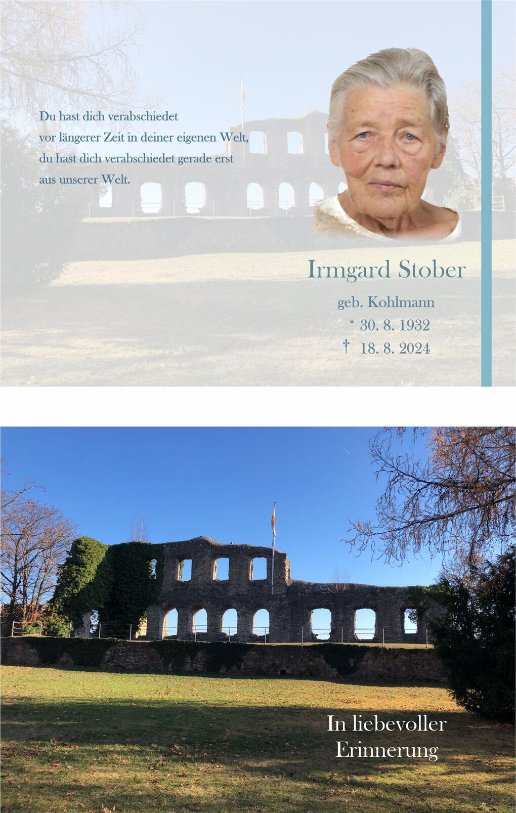 Grafik mit dem Bild einer alten Ruine, umgeben von B&auml;umen, unter einem klaren blauen Himmel. Text in Erinnerung an Irmgard Stober.