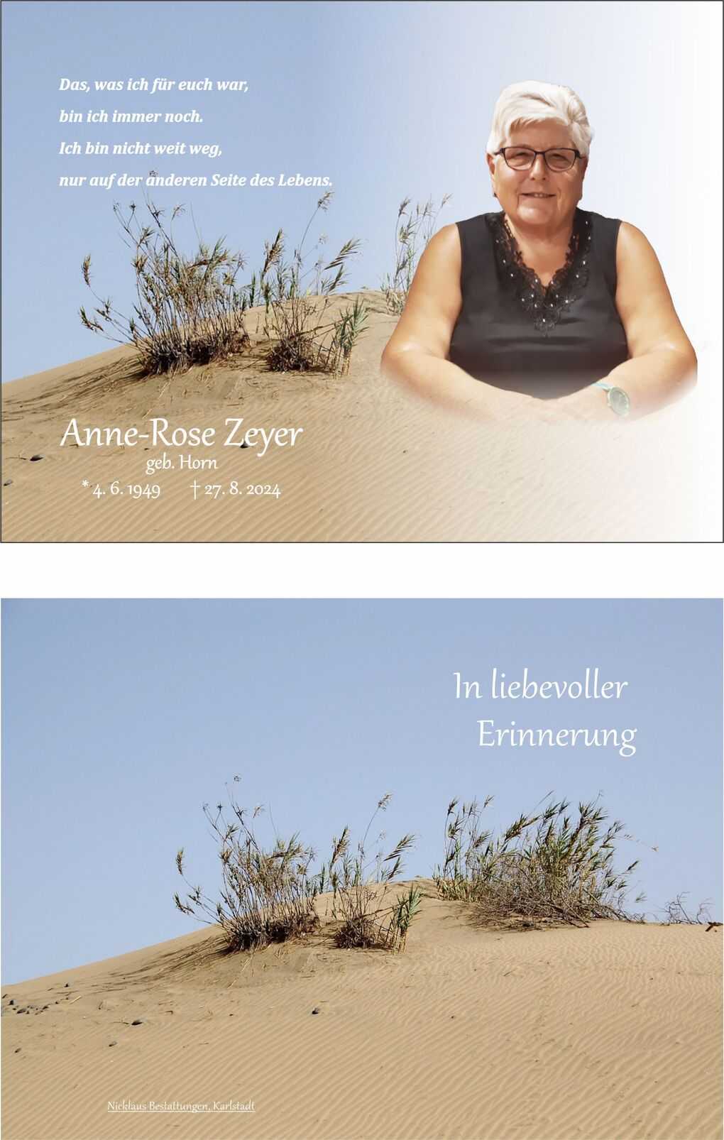 Bild zeigt ein Gedenkblatt mit einem Foto einer Frau auf Sandd&uuml;nen, umgeben von Pflanzen und mit einer Inschrift.