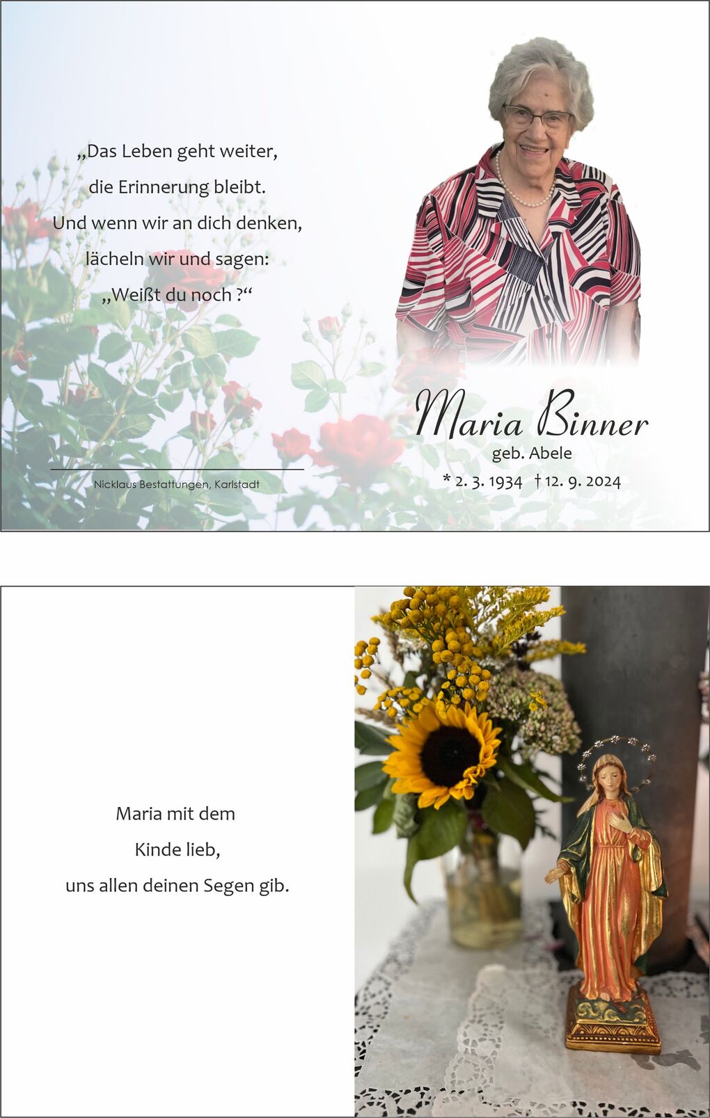 Portrait einer &auml;lteren Frau in gestreifter Bluse vor Blumen mit Text und Geburts- und Sterbedaten. Unten Blumenarrangement mit Figur.
