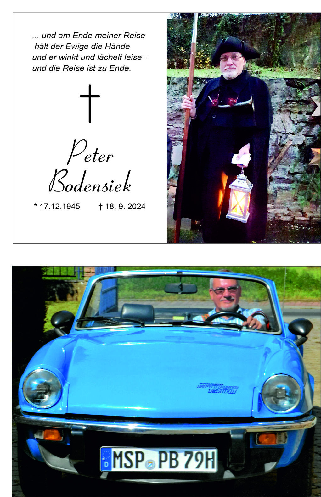 Zwei Bilder: Oben ein Mann mit Laterne in historischer Kleidung, unten ein Mann im blauen Auto mit l&auml;chelndem Gesicht.