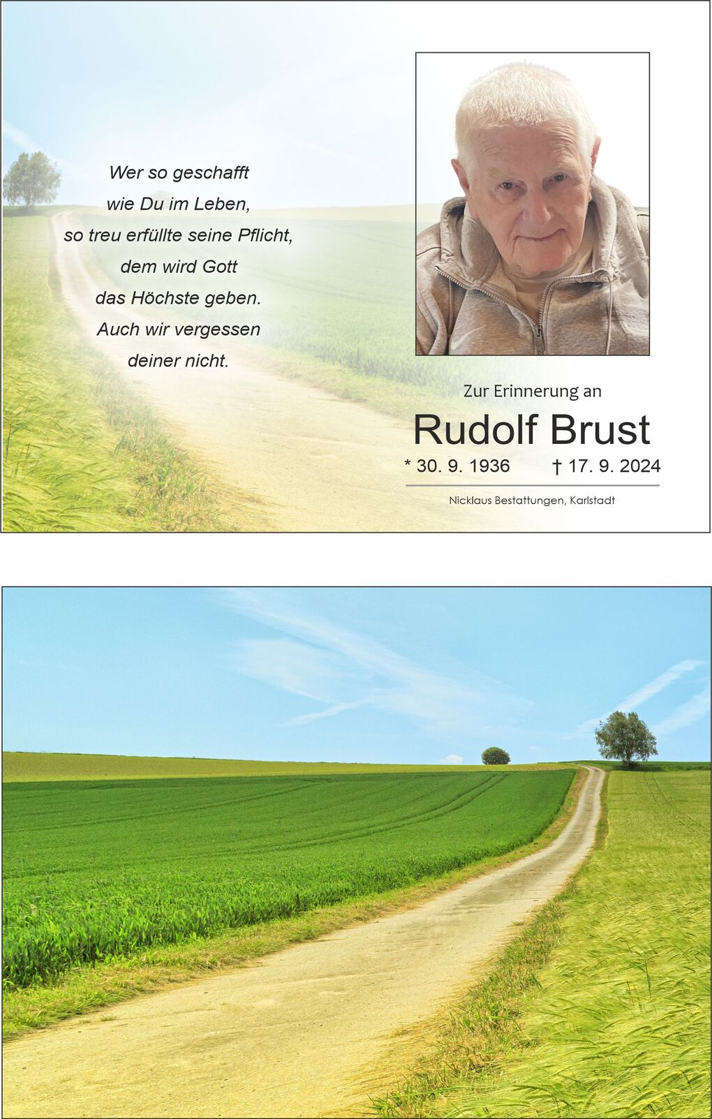 Gedenkblatt f&uuml;r Rudolf Brust mit einem Portr&auml;tfoto und einer Landschaft mit Weg durch gr&uuml;ne Felder unter blauem Himmel.