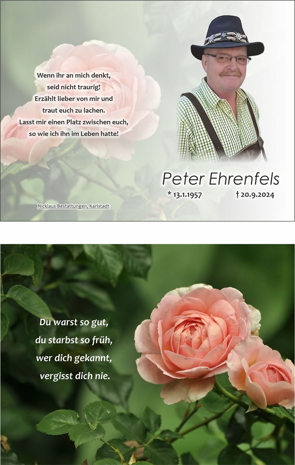 Gedenkblatt mit Foto eines Mannes in Tracht, rosa Rosen und einem kurzen Text zur Erinnerung an Peter Ehrenfels.