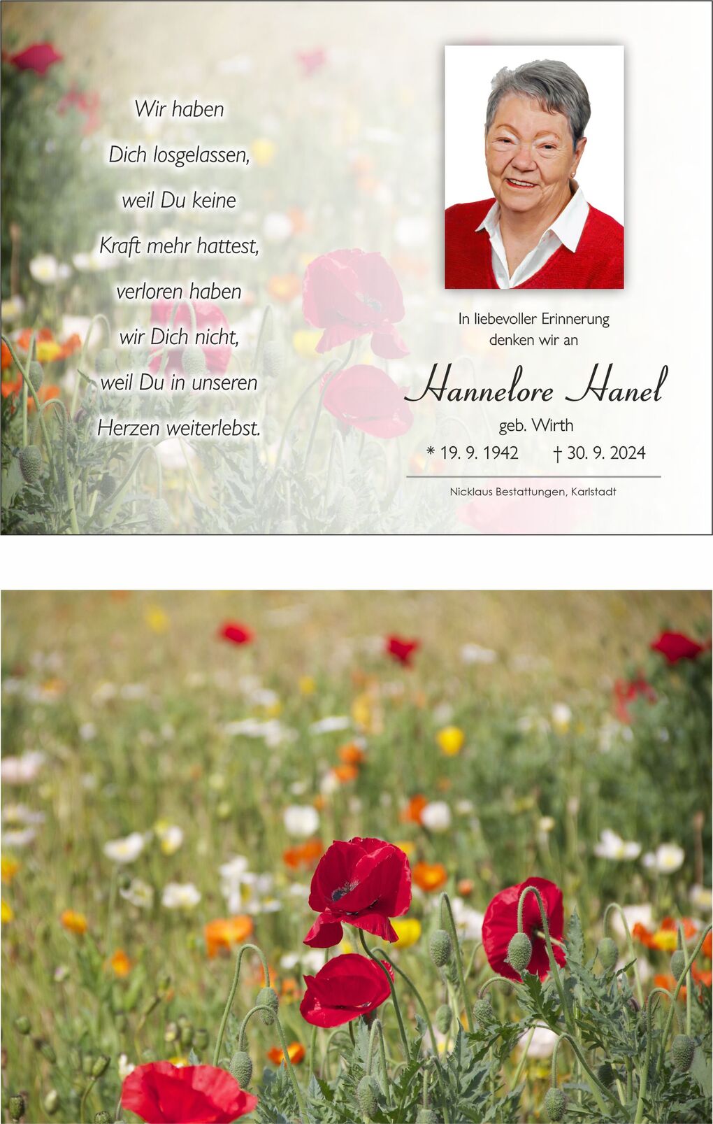 Trauerkarte mit Foto von Hannelore Hanel und bunten Blumen im Hintergrund. Text in Gedenken an die Verstorbene.