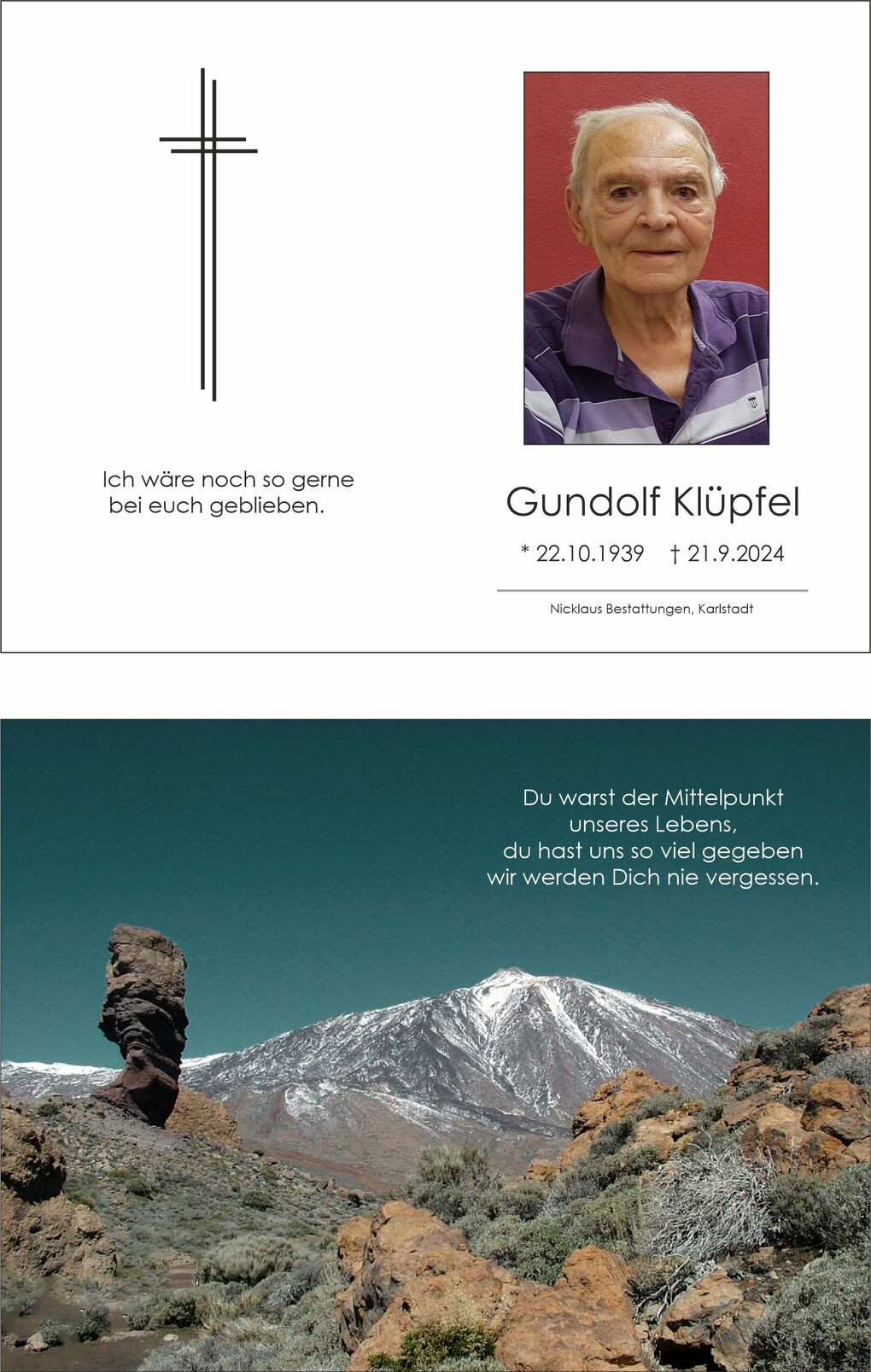 In Memoriam: Erinnerungsblatt mit einem Foto von Gundolf Kl&uuml;pfel, umgeben von Trauermotiven und Botschaften.