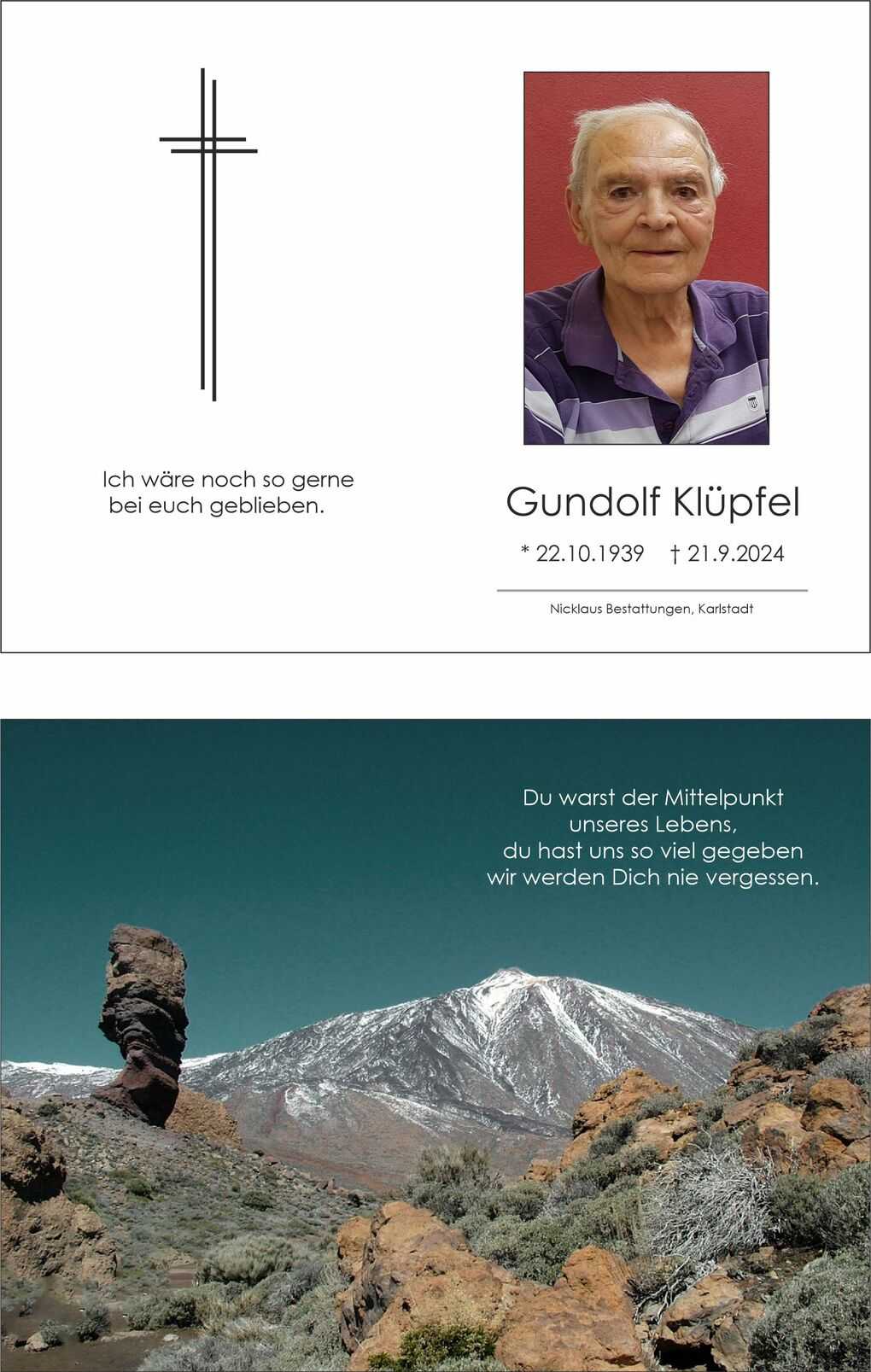 In Memoriam: Erinnerungsblatt mit einem Foto von Gundolf Kl&uuml;pfel, umgeben von Trauermotiven und Botschaften.