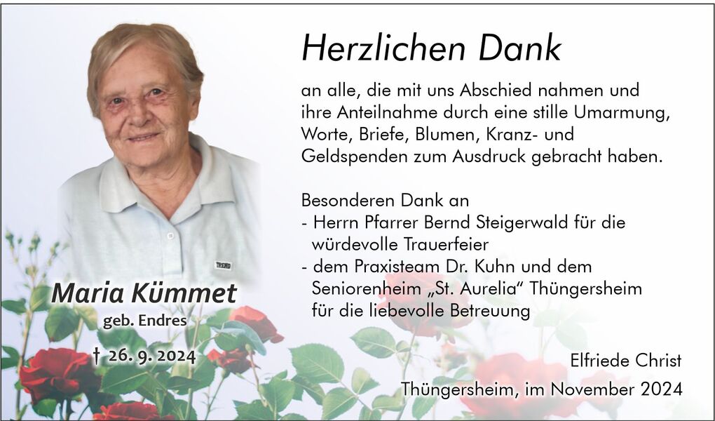 Portrait einer &auml;lteren Frau mit kurzem, grauem Haar, umgeben von roten Rosen und einem Dankestext f&uuml;r Beileidsbekundungen.