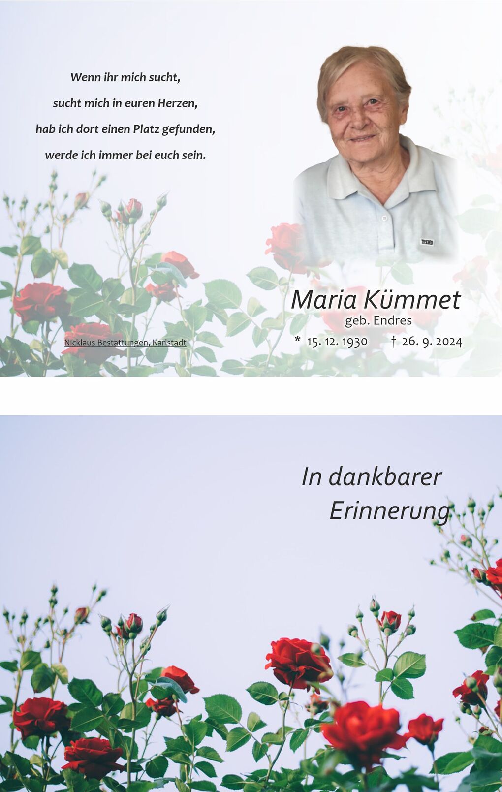 Portrait einer &auml;lteren Frau mit blonden Haaren, umgeben von roten Rosen und einem Trauerspruch im Hintergrund.