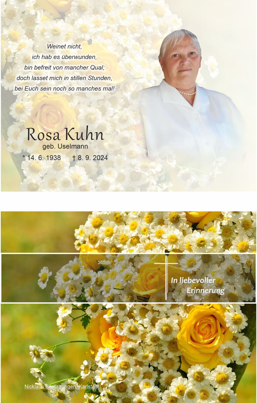 Portrait einer Frau mit kurzen Haaren, umgeben von wei&szlig;en und gelben Blumen, darunter der Text "In liebevoller Erinnerung".