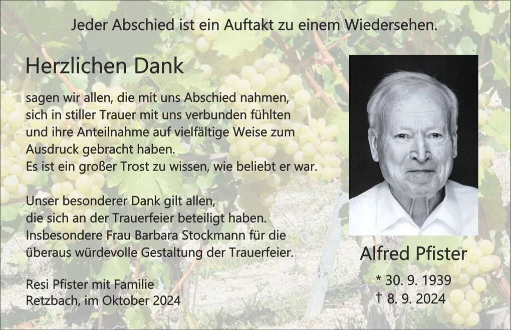 Traueranzeige mit Foto eines &auml;lteren Mannes vor einem Hintergrund aus Weintrauben und Dankesworten.