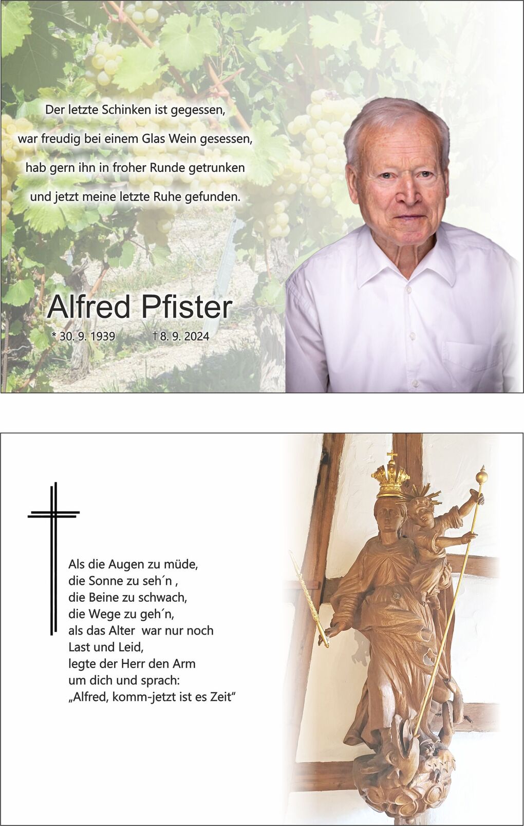 Portrait von Alfred Pfister vor Weinreben, mit Gebetstext und Holzstatue der Madonna im Hintergrund.