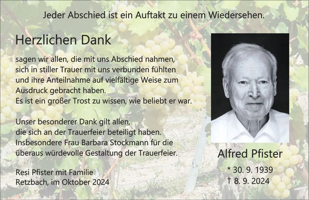 Traueranzeige mit Foto eines &auml;lteren Mannes vor einem Hintergrund aus Weintrauben und Dankesworten.