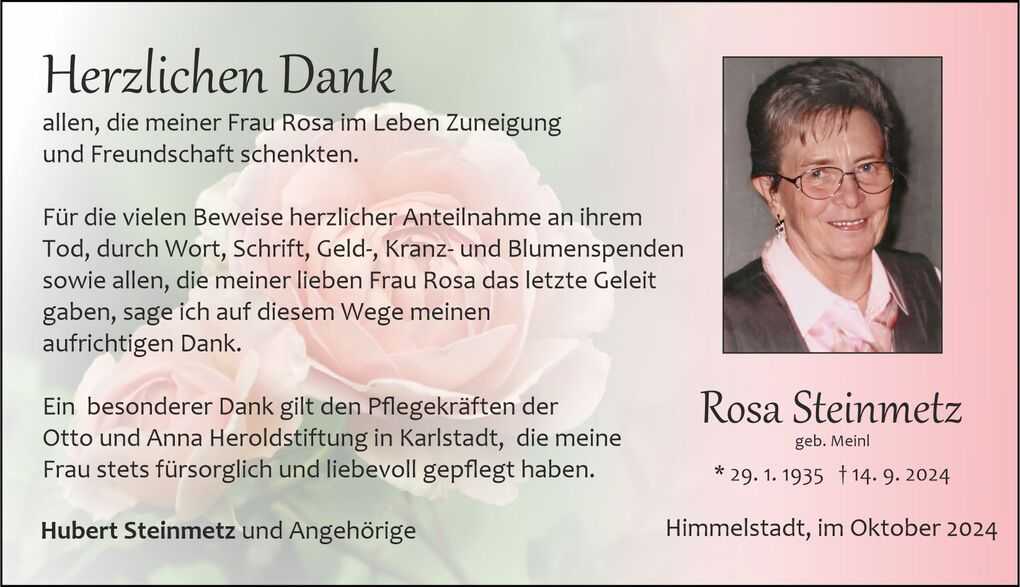 Trauerkarte mit Dankesworten f&uuml;r Rosa Steinmetz, umgeben von einer rosa Blumenillustration.