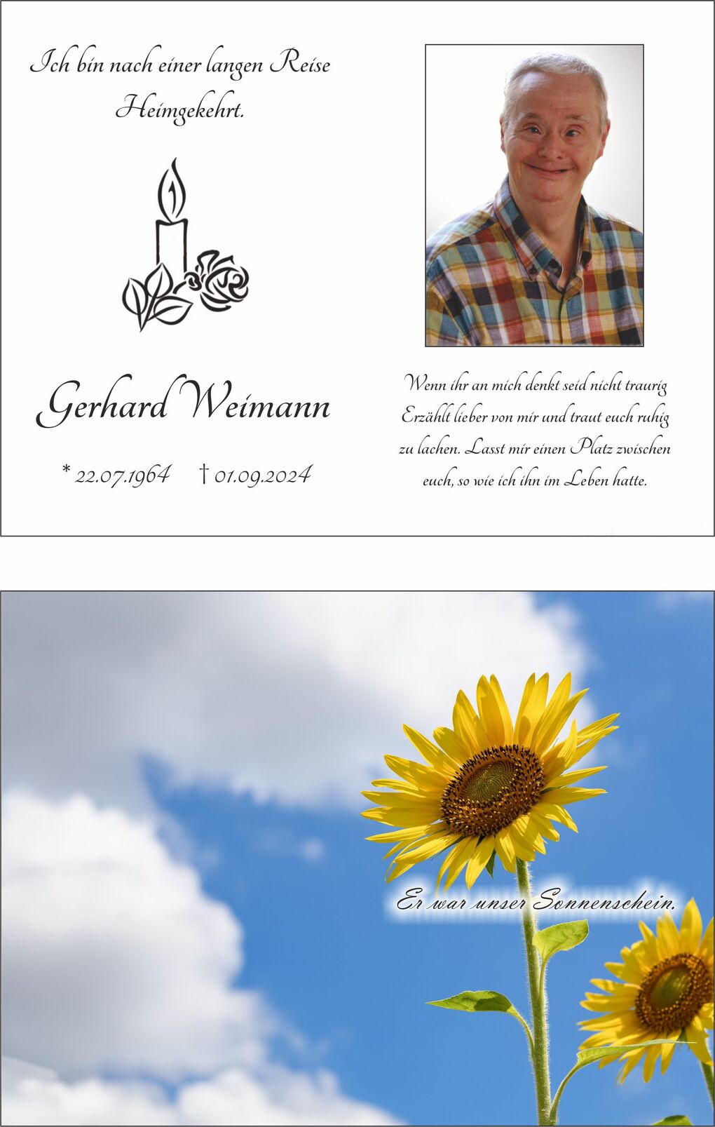 Traueranzeige mitFoto eines l&auml;chelnden Mannes, Kerze und Sonnenblumen auf hellem Hintergrund.