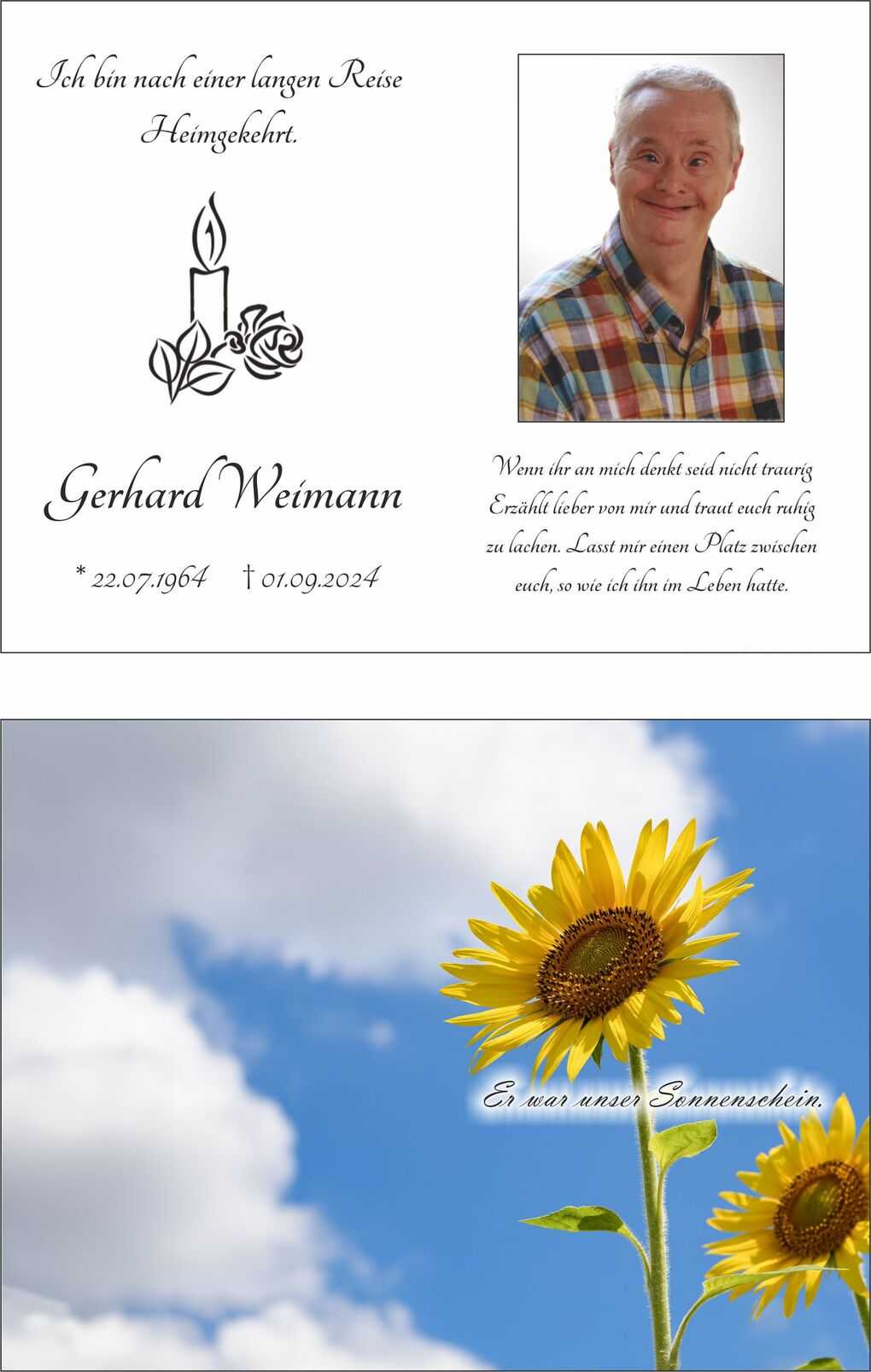 Traueranzeige mitFoto eines l&auml;chelnden Mannes, Kerze und Sonnenblumen auf hellem Hintergrund.